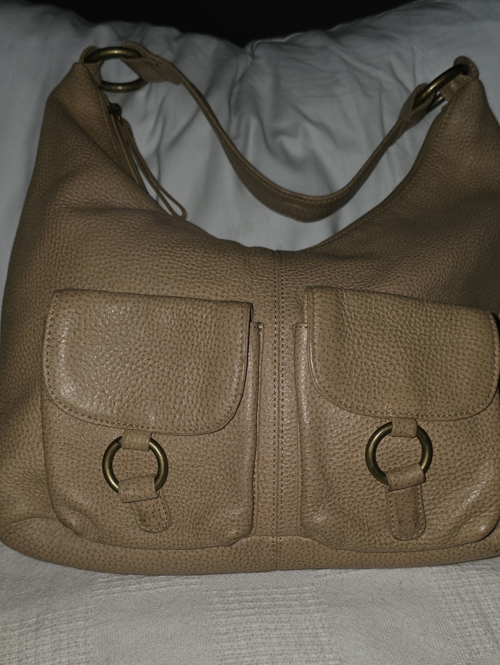 HOBO Taupe Pebbled Leather Shoulder Bag with Front Ring Accents